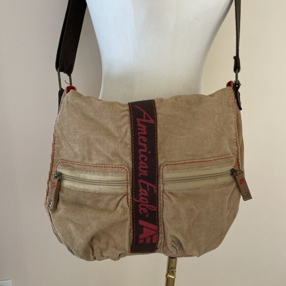 VTG Y2K American Eagle Corduroy Messenger Crossover Bag Beige Zip Pockets Boho - Picture 2 of 14